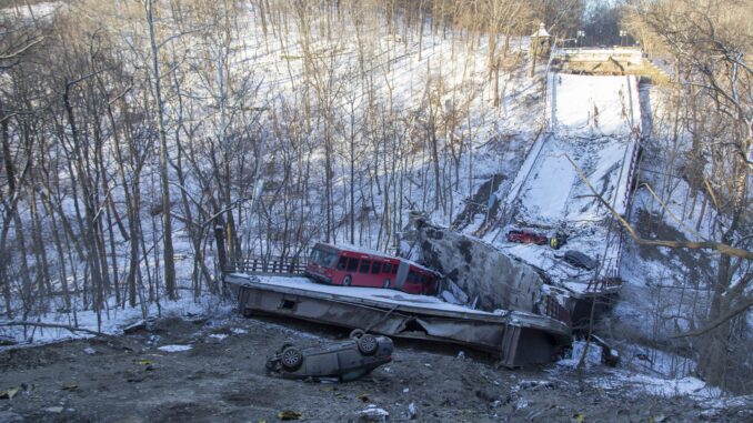 The collapsed Fern Hollow Bridge in Pittsburgh