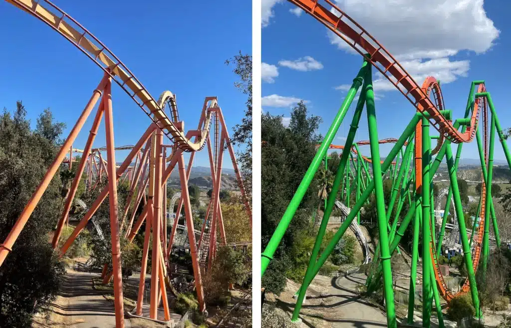 The Tatsu roller coaster before and after it was repainted